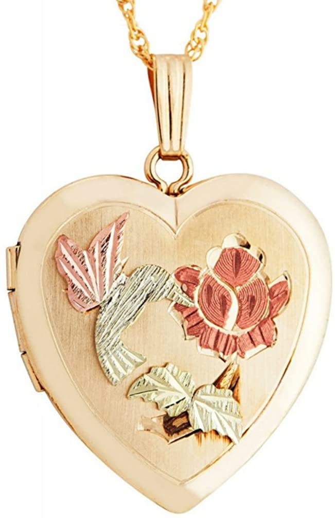 Hummingbird Heart Locket Pendant, 10k Yellow Gold, 12k Green and Rose Gold Black Hills Gold Motif, 18"