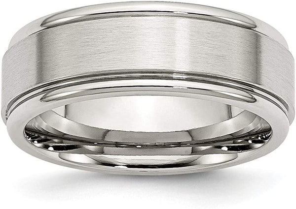 Men's Classic Brushed Stainless Steel, Ridged Edge 8mm Comfort-Fit Flat Band, Size 13