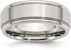 Men's Classic Brushed Stainless Steel, Ridged Edge 8mm Comfort-Fit Flat Band