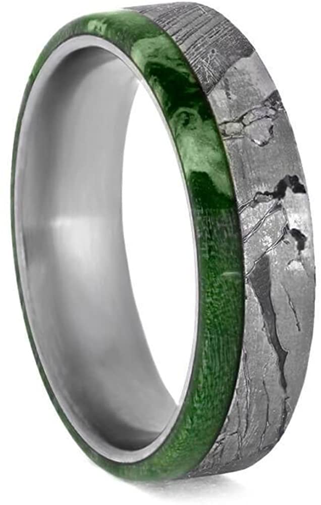 Seymchan Meteorite, Green Box Elder Burl Wood 6mm Comfort-Fit Titanium Matte Band, Size 11.25