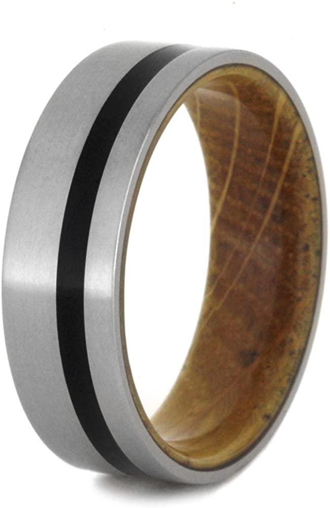 Matte Titanium, Black Pinstripe 6.5mm Comfort-Fit Whiskey Barrel Wood Wedding Band, Size 5.5