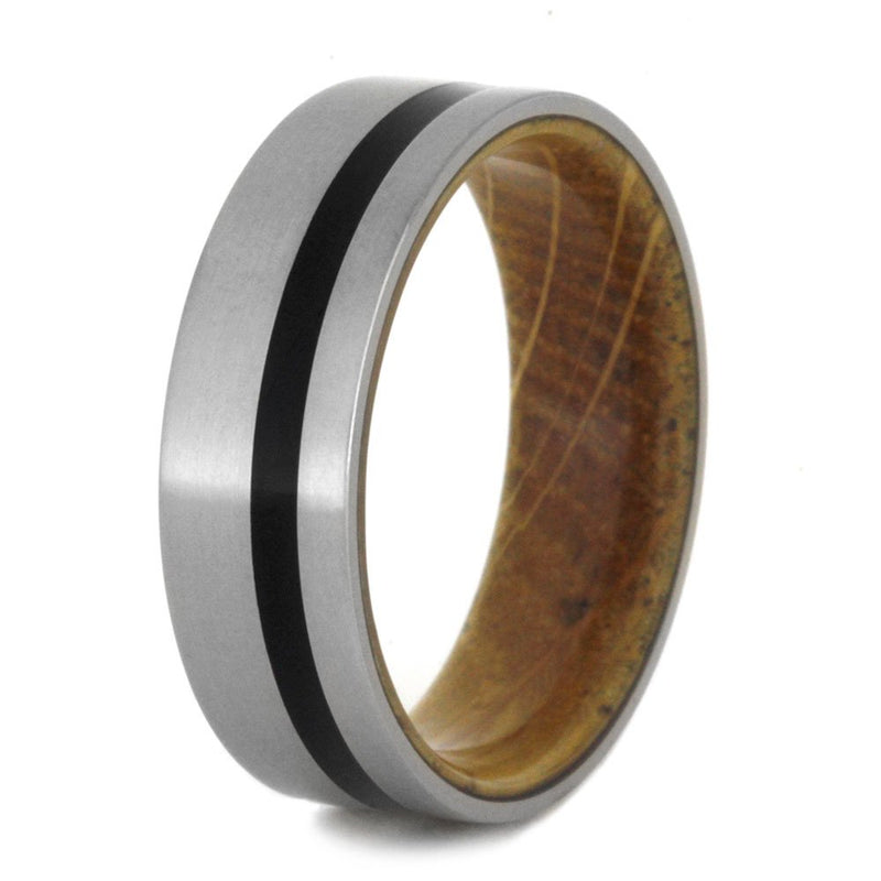 Matte Titanium, Black Pinstripe 6.5mm Comfort-Fit Whiskey Barrel Wood Wedding Band