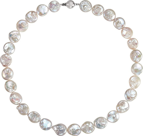 White Freshwater Cultured Coin Pearl Sterling Silver Necklace, 18" (13.0-14.0 MM)