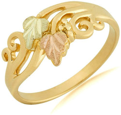 Scrollwork Slim Profile Ring, 10k Yellow Gold, 12k Green and Rose Gold Black Hills Gold Motif, Size 9.5