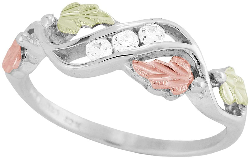 Slim-Profile Cubic Zirconia Ring, Sterling Silver, 12k Green and Rose Gold Black Hills Gold Motif