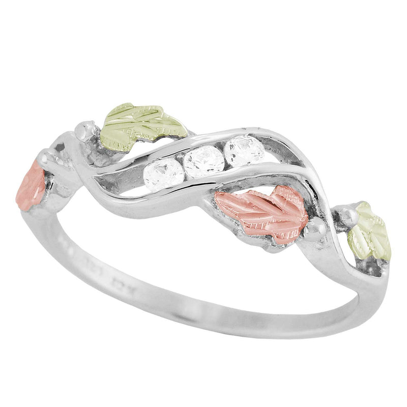 Slim-Profile Cubic Zirconia Ring, Sterling Silver, 12k Green and Rose Gold Black Hills Gold Motif