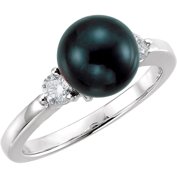 Black Akoya Cultured Pearl and Diamond Ring, Rhodium-Plated 14k White Gold (8mm) (.25Ctw, G-H Color, I1 Clarity) Size 8.5