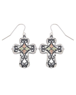 Granulated Bead Scroll Oxidized Cross Earrings, Sterling Silver, 12k Green and Rose Gold Black Hills Gold Motif