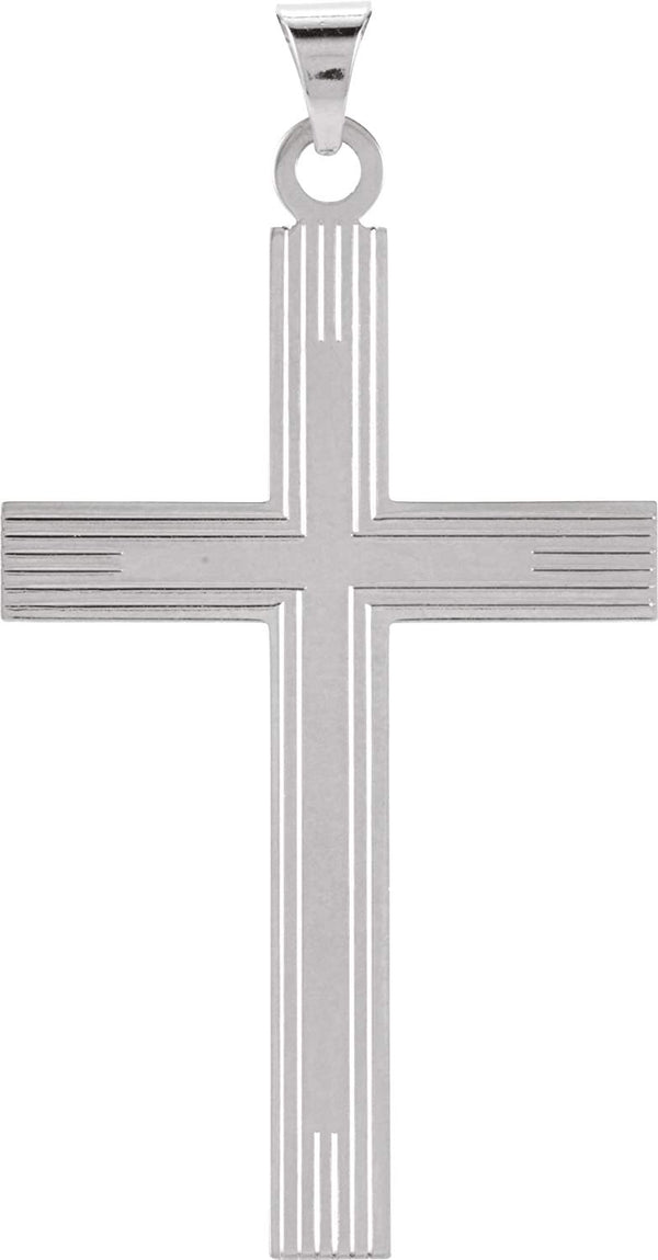 Line Pattern Inlay Cross Rhodium-Plated 14k White Gold Pendant (22X14MM)