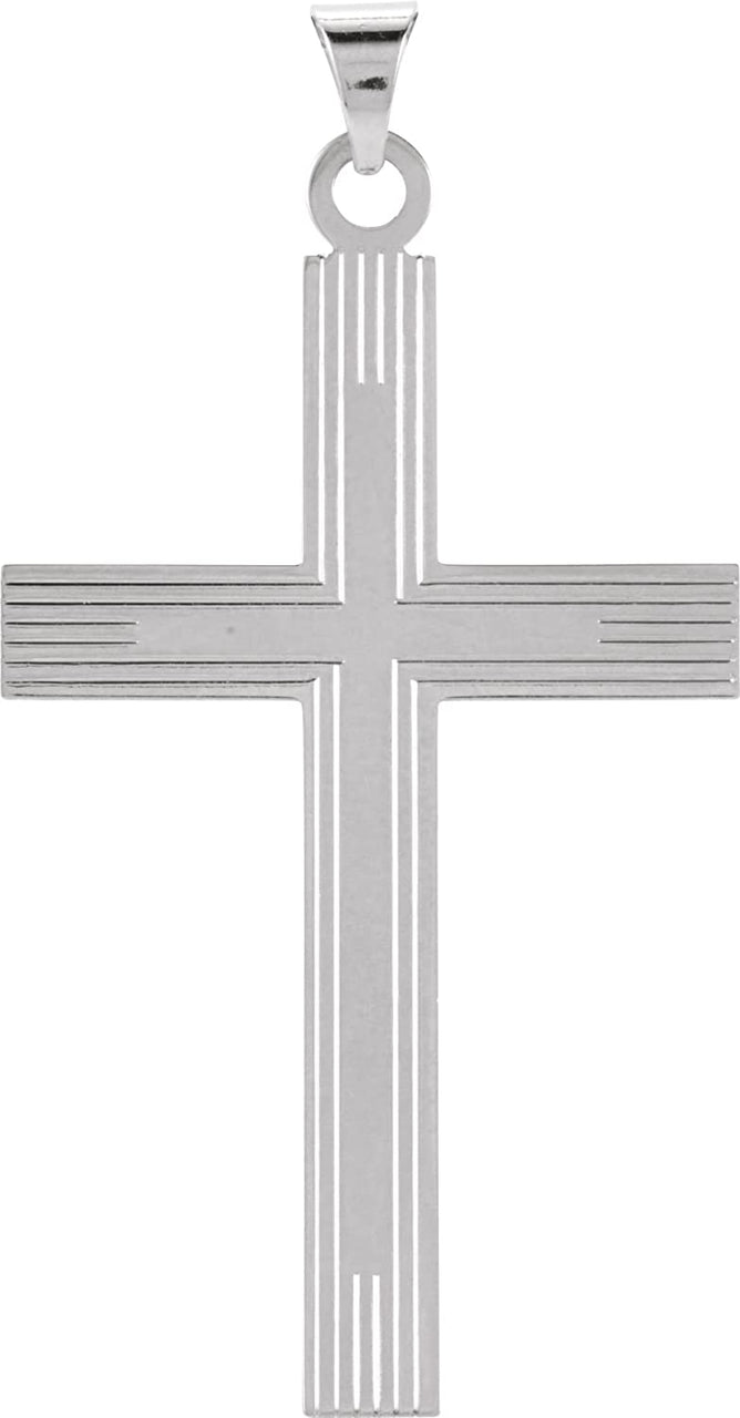 Line Pattern Inlay Cross Rhodium-Plated 14k White Gold Pendant (39X25MM)