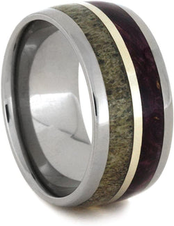 The Men's Jewelry Store (Unisex Jewelry) Deer Antler, Purple Box Elder Burl, 14k White Gold 10mm Comfort-Fit Titanium Band, Size 8.5