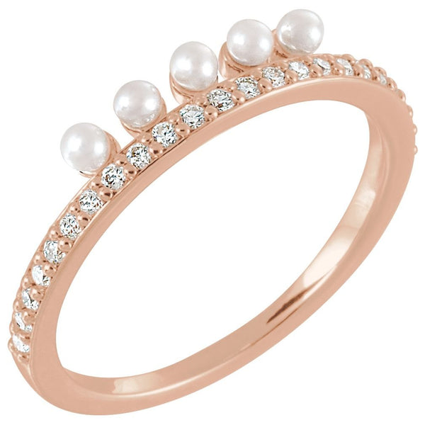 White Freshwater Cultured Pearl, Diamond Stackable Ring, 14k Rose Gold (2mm)(.2Ctw, Color G-H, Clarity I1)