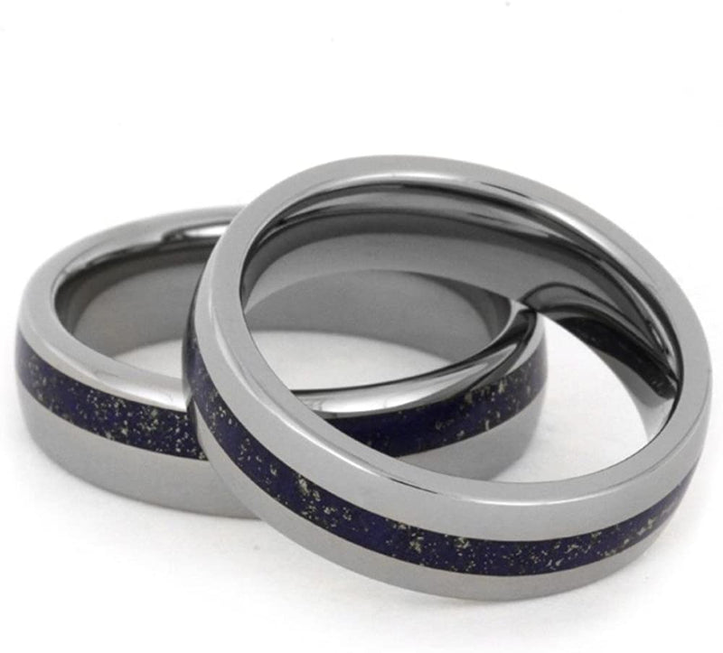 Lapis Lazuli Comfort-Fit His and Hers Titanium Wedding Band Set, M12.5-F5.5