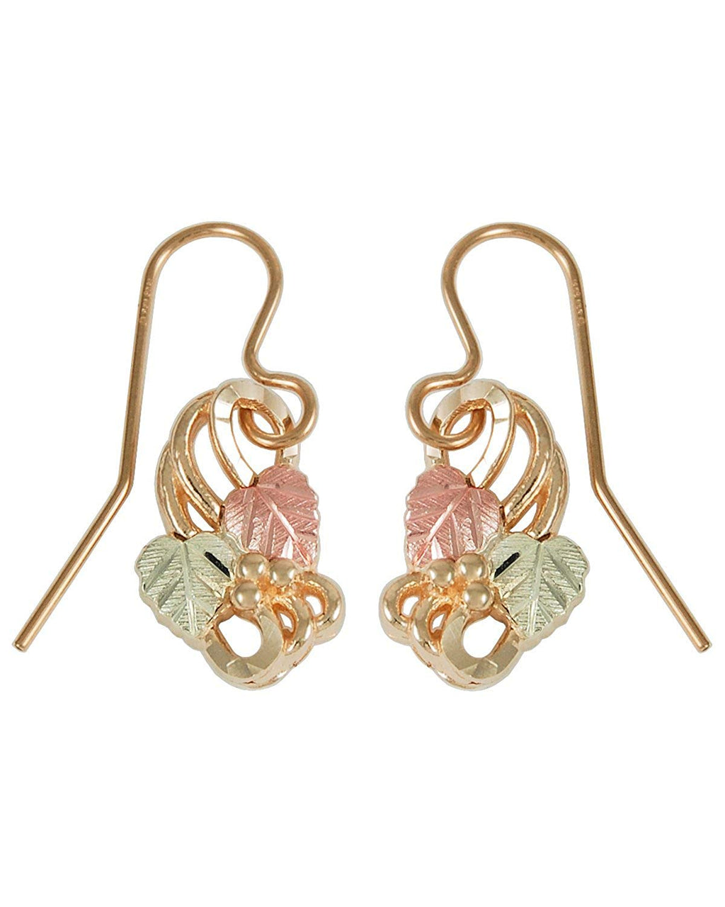 Fancy Scroll Grape Leaf Earrings, 10k Yellow Gold, 12k Rose and Green Gold Black Hills Gold Motif