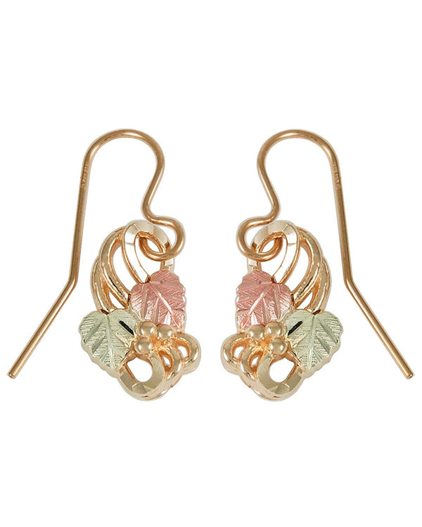 Fancy Scroll Grape Leaf Earrings, 10k Yellow Gold, 12k Rose and Green Gold Black Hills Gold Motif