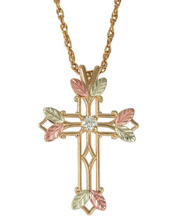 Zircon April Birthstone Cross Pendant Necklace, 10k Yellow Gold, 12k Green and Rose Gold Black Hills Gold Motif, 18"