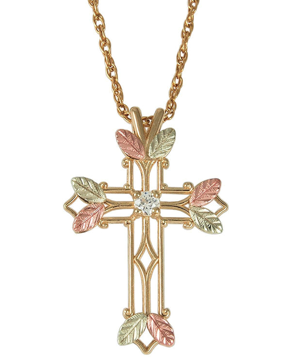 Zircon April Birthstone Cross Pendant Necklace, 10k Yellow Gold, 12k Green and Rose Gold Black Hills Gold Motif, 18"