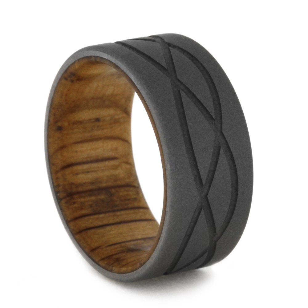 Wave Pattern Sandblasted Titanium 9mm Comfort-Fit Oak Wood Band