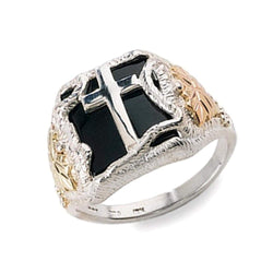 Men's Onyx Cross Ring, Rhodium Plated Sterling Silver, 12k Green and Rose Gold Black Hills Gold Motif