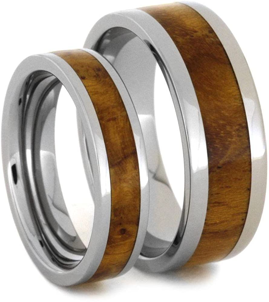 Teak Burl Wood Inlay and His and Hers Titanium Wedding Band Set, M8-F6.5