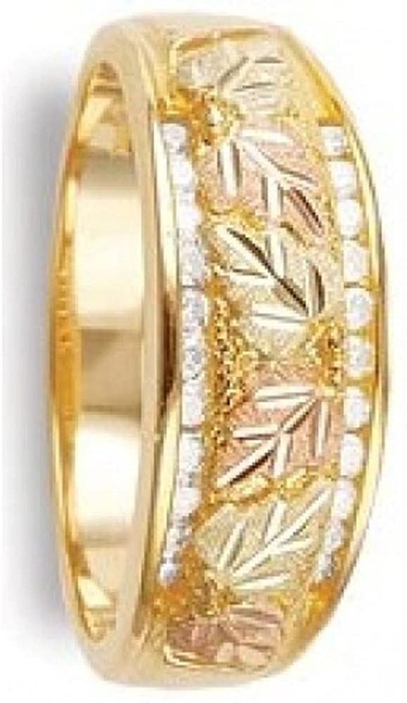 Ave 369 22-Stone Diamond Bands, 10k Yellow Gold, 12k Green and Rose Gold Black Hills Gold Motif Couples Wedding Ring Set