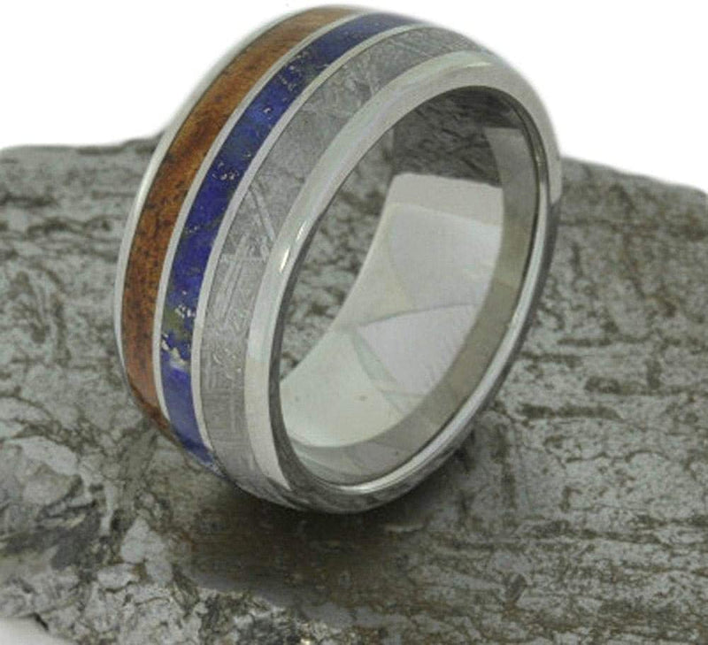 Gibeon Meteorite, Koa Wood, Lapis Lazuli 9mm Comfort Fit Titanium Band, Size 4.25