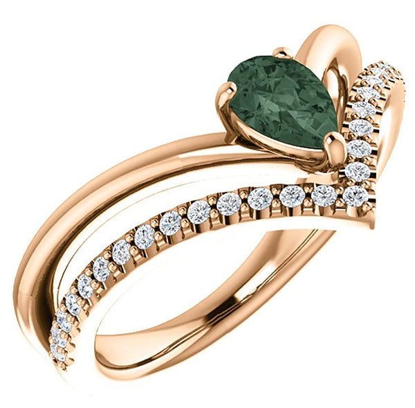 Chatham Created Alexandrite Pear and Diamond Chevron 14k Rose Gold Ring (.145 Ctw,G-H Color, I1 Clarity)