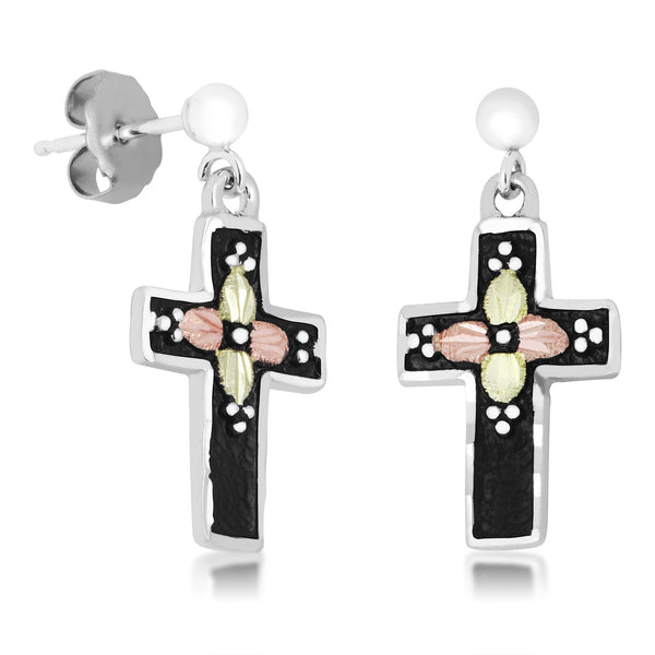 Antiqued Cross Earrings, Sterling Silver, 12k Green and Rose Gold Black Hills Gold Motif