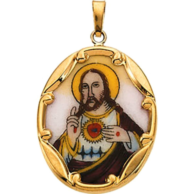 14k Yellow Gold Sacred Heart of Jesus Hand-Painted Porcelain Medal (13x10 MM)