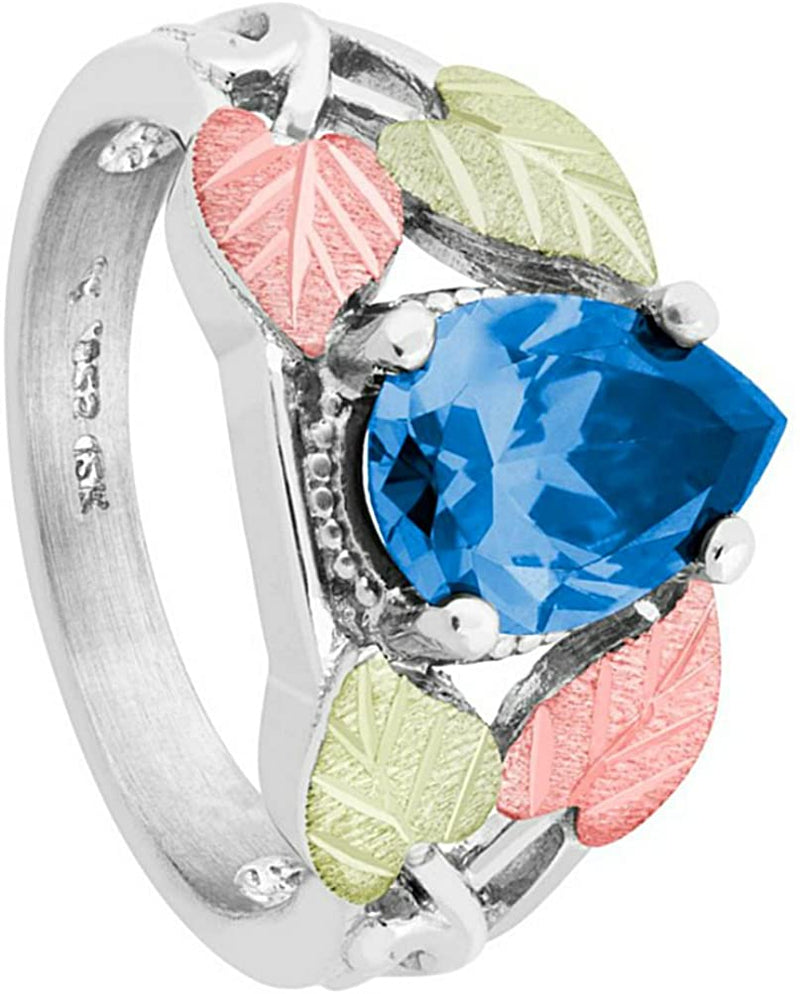 Pear Swiss Blue CZ Ring, Sterling Silver, 12k Green and Rose Gold Black Hills Gold Motif, Size 9.25