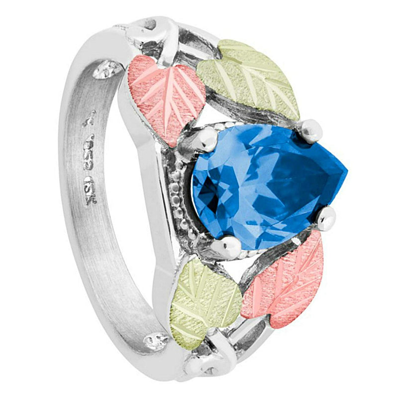 Pear Swiss Blue CZ Ring, Sterling Silver, 12k Green and Rose Gold Black Hills Gold Motif, Size 8.5