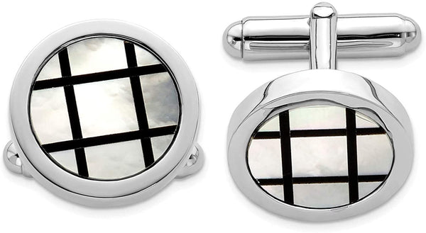 Italian Rhodium-Plated Sterling Silver, Mother of Pearl Round Cuff Links, 18 Millimeters