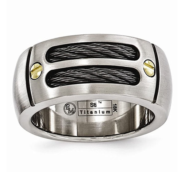 The Men's Jewelry Store Titanium, 18k Yellow Gold and Black Cable 9.25mm Comfort Fit Ring