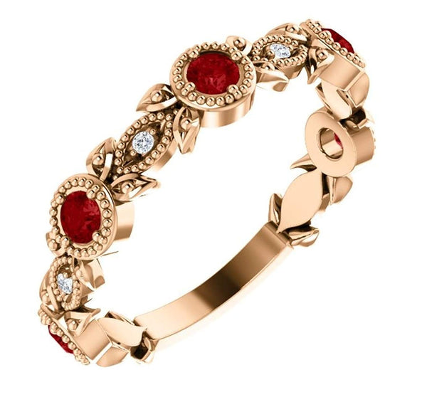 Chatham Created Ruby and Diamond Vintage-Style Ring, 14k Rose Gold (0.03 Ctw, G-H Color, I1 Clarity)