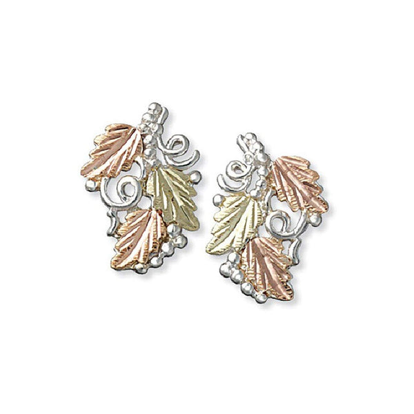 Delicate Frosted Leaf Stud Earrings, Sterling Silver, 12k Green and Rose Gold Black Hills Gold Motif