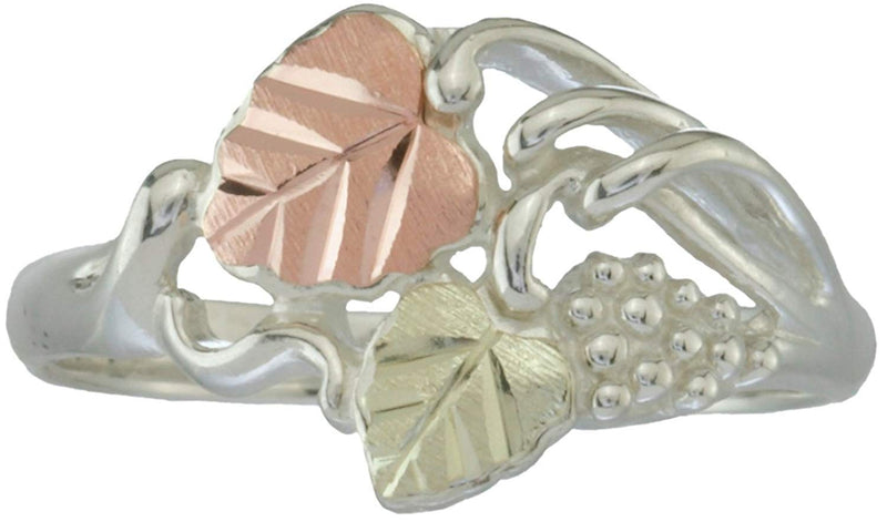 Leaf and Grape Cluster Cocktail Ring, Sterling Silver, 12k Green and Rose Gold Black Hills Gold Motif, Size 10