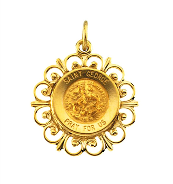 Rhodium Plated 14k Yellow Gold Round St. George Medal (18.5 MM)