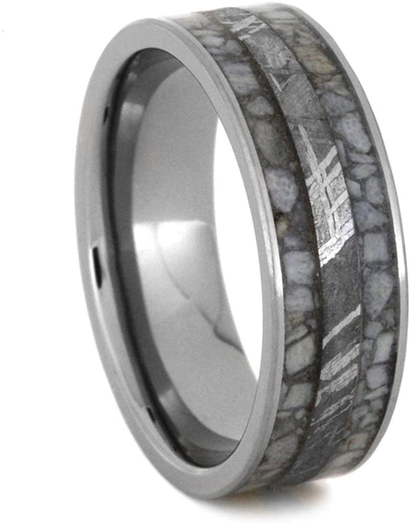 Deer Antler with Gibeon Meteorite Inlay 7mm Comfort-Fit Titanium Wedding Band, Size 8.25