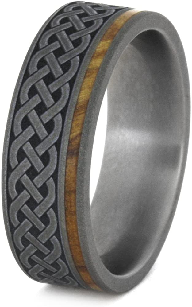 Celtic Knot, Olive Wood 7mm Comfort-Fit Sandblasted Titanium Band, Size 6.5