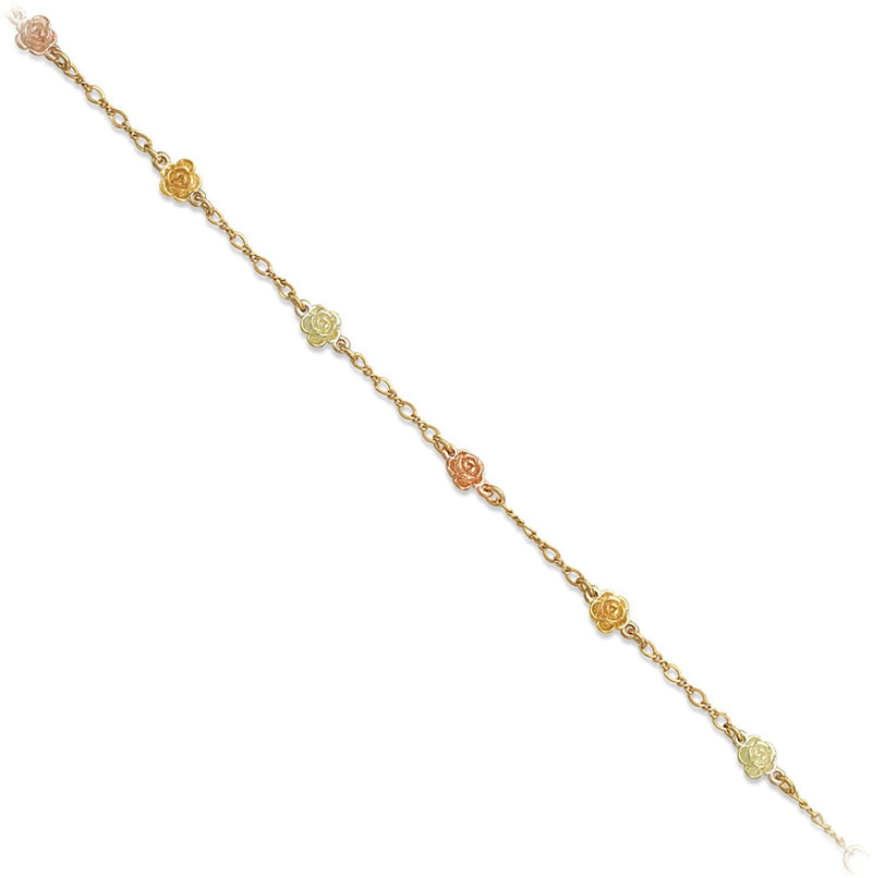 Petite Rose Chain Bracelet, 10k Yellow Gold, 12k Green and Rose Gold Black Hills Gold Motif