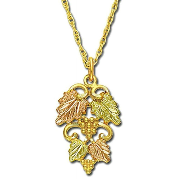 Two Stack Leaves and Grapes Necklace, 10k Yellow Gold, 12k Green and Rose Gold Black Hills Gold Motif, 18"
