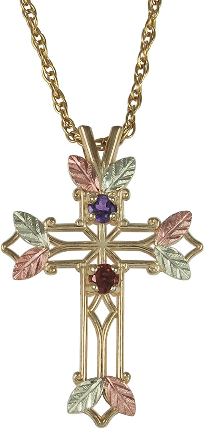 Amethyst and Garnet Pointed Cross Pendant Necklace, 10k Yellow Gold, 12k Green and Rose Gold Black Hills Gold Motif, 18"