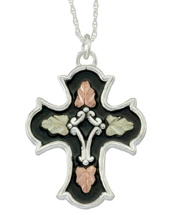 Black Holy Cross Pendant Necklace, Sterling Silver, 12k Green Gold, 12k Rose Gold Black Hills Gold, 18''