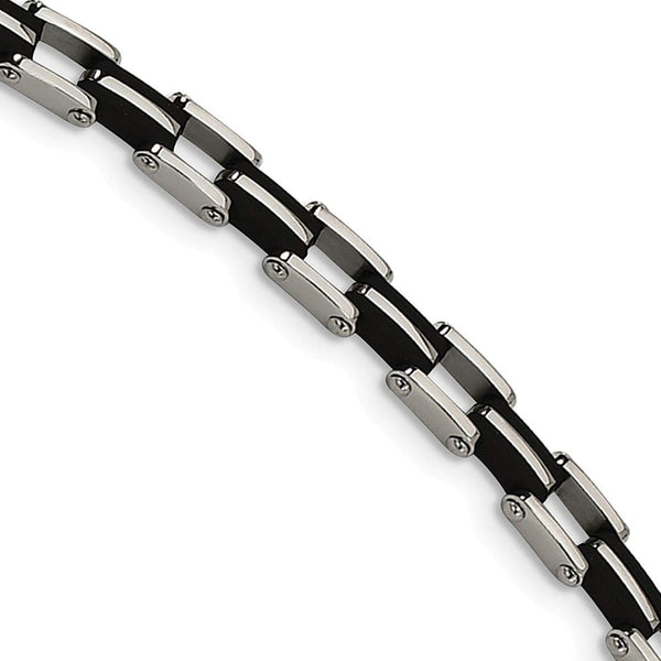 Men's Polished Stainless Steel 7mm Black Rubber Link Bracelet, 8.75"