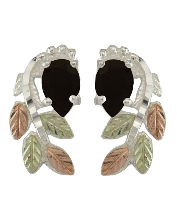 Onyx Pear Petite Leaf Cascade Earrings, Sterling Silver, 12k Green and Rose Gold Black Hills Gold Motif
