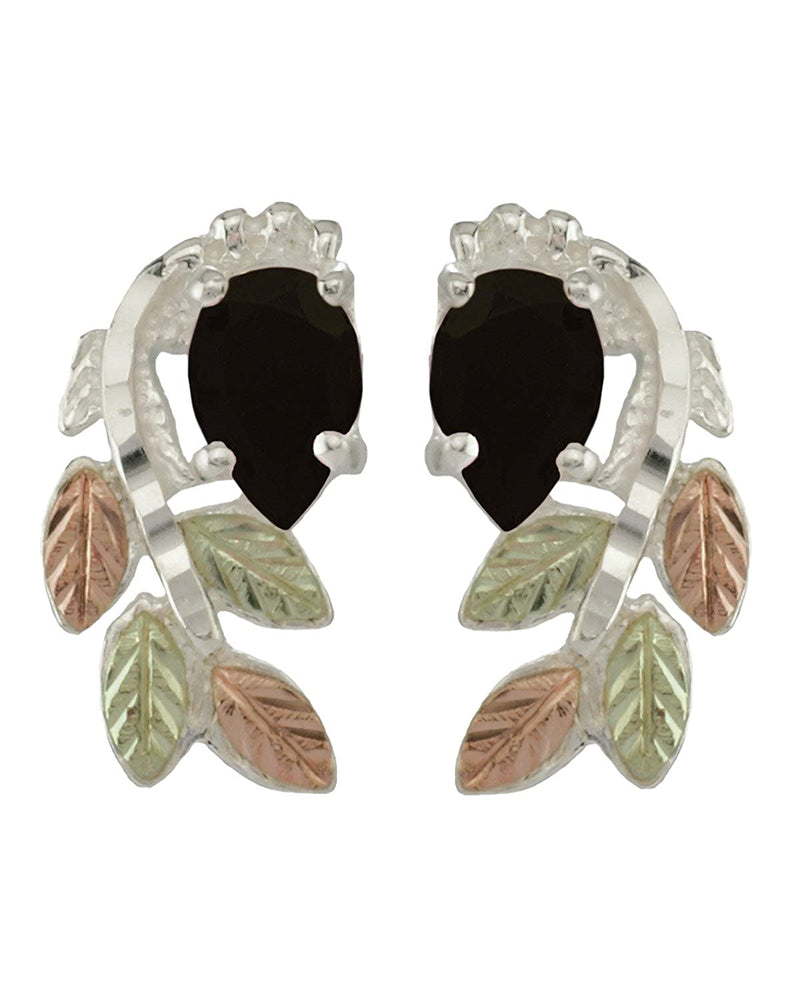 Onyx Pear Petite Leaf Cascade Earrings, Sterling Silver, 12k Green and Rose Gold Black Hills Gold Motif