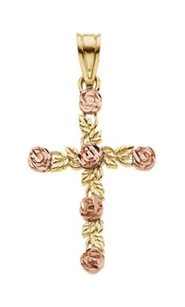 Two-Tone Floral Inspired Cross Pendant, 14k Yellow and Rose Gold (24.25 X 15.50 MM)