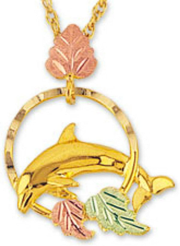Mirror Polished Dolphin Pendant Necklace, 10k Yellow Gold, 12k Green and Rose Gold Black Hills Gold Motif, 18"