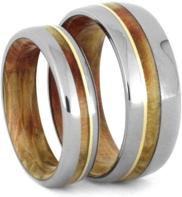 Titanium, 14k Yellow Gold Stripe, Comfort-Fit Flame Box Elder Burl Wood Band, Couples Wedding Rings, M 12.5-F6