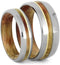 Titanium, 14k Yellow Gold Stripe, Comfort-Fit Flame Box Elder Burl Wood Band, Couples Wedding Rings, M 12.5-F6